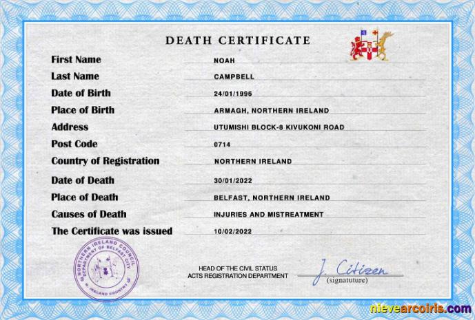 Northern Ireland death certificate